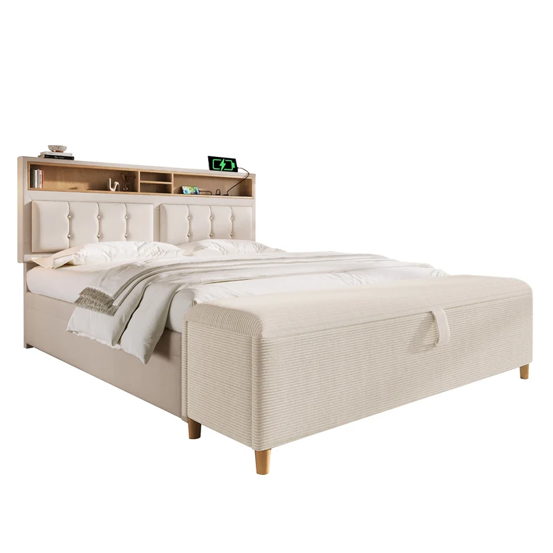 Ensemble lit coffre double rembourré avec tête de lit réglable, prise USB et coffre de lit (matelas non inclus) ANTIGEN