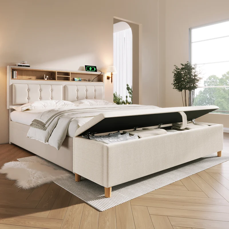 Ensemble lit coffre double rembourré avec tête de lit réglable, prise USB et coffre de lit (matelas non inclus) ANTIGEN