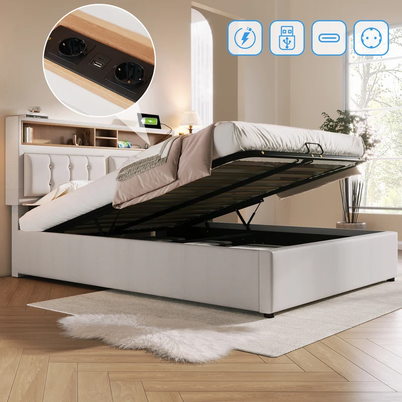 Ensemble lit coffre double rembourré avec tête de lit réglable, prise USB et coffre de lit (matelas non inclus) ANTIGEN