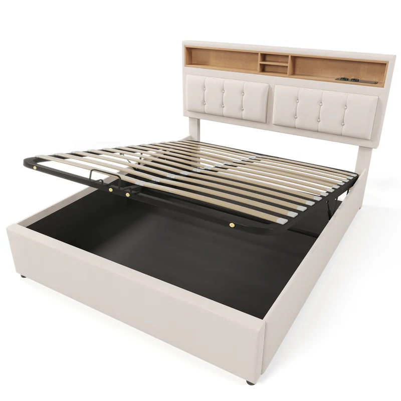 Ensemble lit coffre double rembourré avec tête de lit réglable, prise USB et coffre de lit (matelas non inclus) ANTIGEN