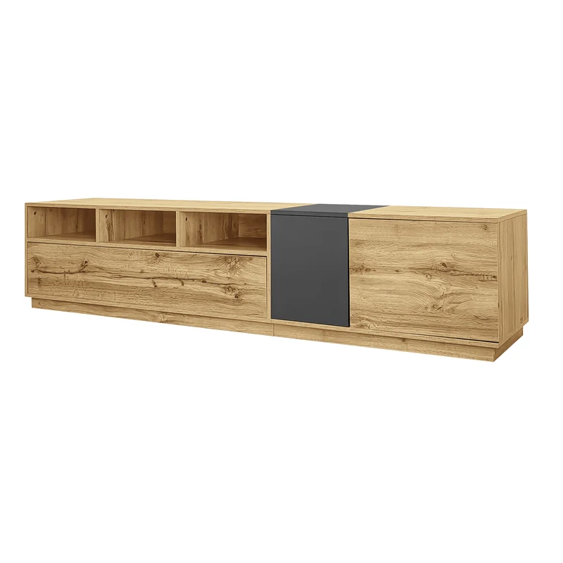 Meuble TV effet bois design asymétrique 3 portes et gris RAVINECALL