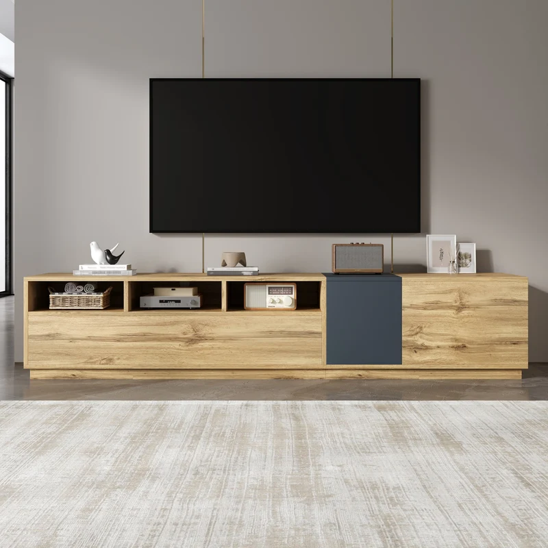 Meuble TV effet bois design asymétrique 3 portes et gris RAVINECALL