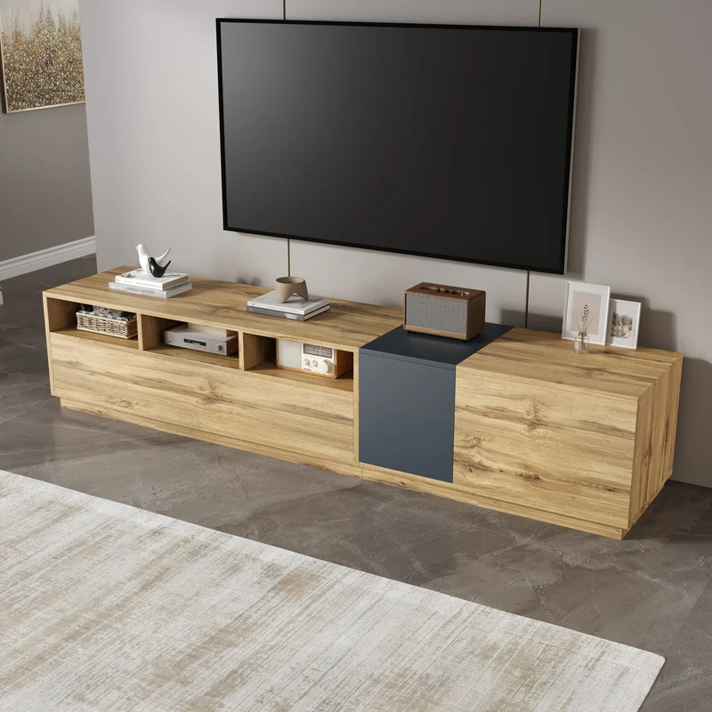 Meuble TV effet bois design asymétrique 3 portes et gris RAVINECALL