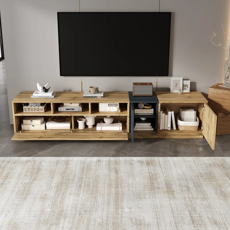 Meuble TV effet bois design asymétrique 3 portes et gris RAVINECALL