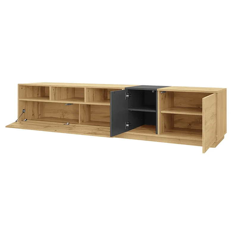 Meuble TV effet bois design asymétrique 3 portes et gris RAVINECALL