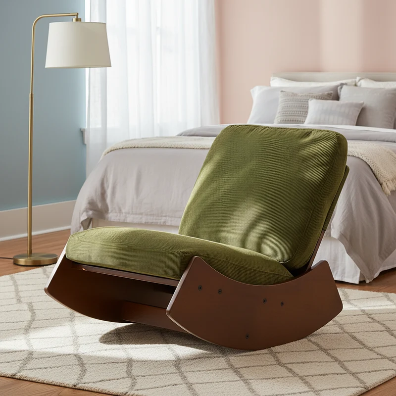 Fauteuil à bascule rétro en tissu vert, cadre en bois massif, nursery 90x61,5x71,9cm FLARENEX