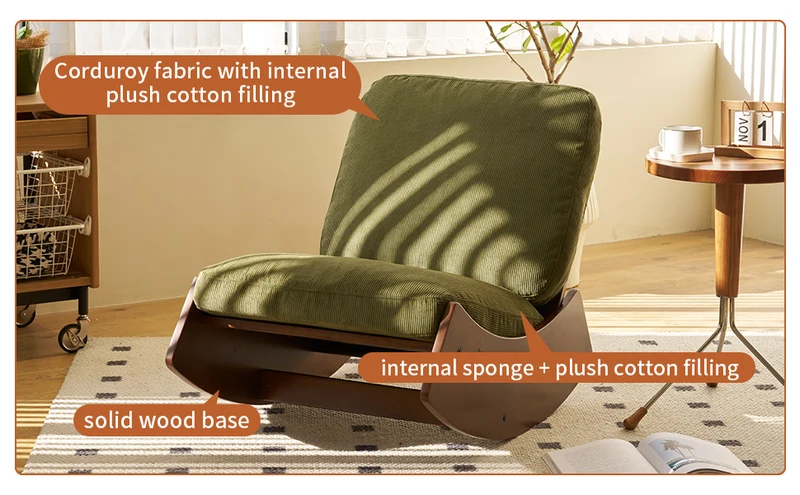 Fauteuil à bascule rétro en tissu vert, cadre en bois massif, nursery 90x61,5x71,9cm FLARENEX