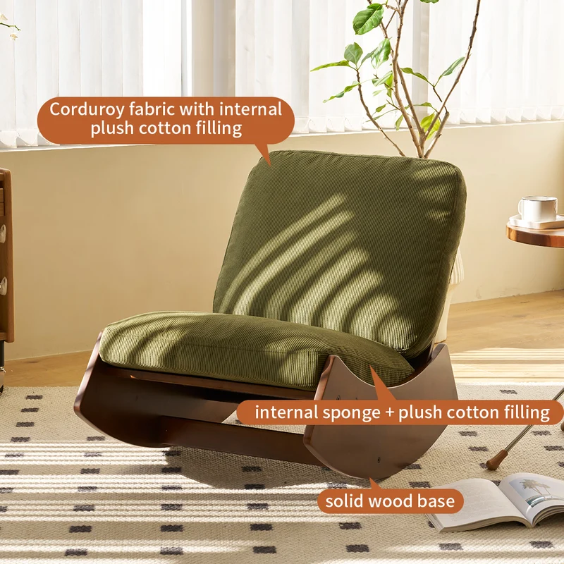 Fauteuil à bascule rétro en tissu vert, cadre en bois massif, nursery 90x61,5x71,9cm FLARENEX