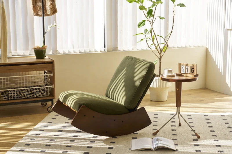 Fauteuil à bascule rétro en tissu vert, cadre en bois massif, nursery 90x61,5x71,9cm FLARENEX