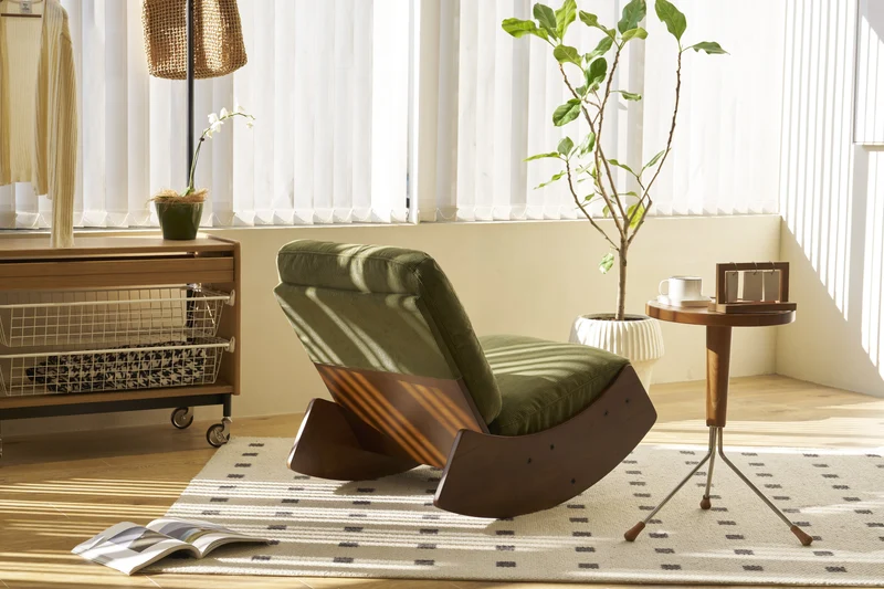 Fauteuil à bascule rétro en tissu vert, cadre en bois massif, nursery 90x61,5x71,9cm FLARENEX