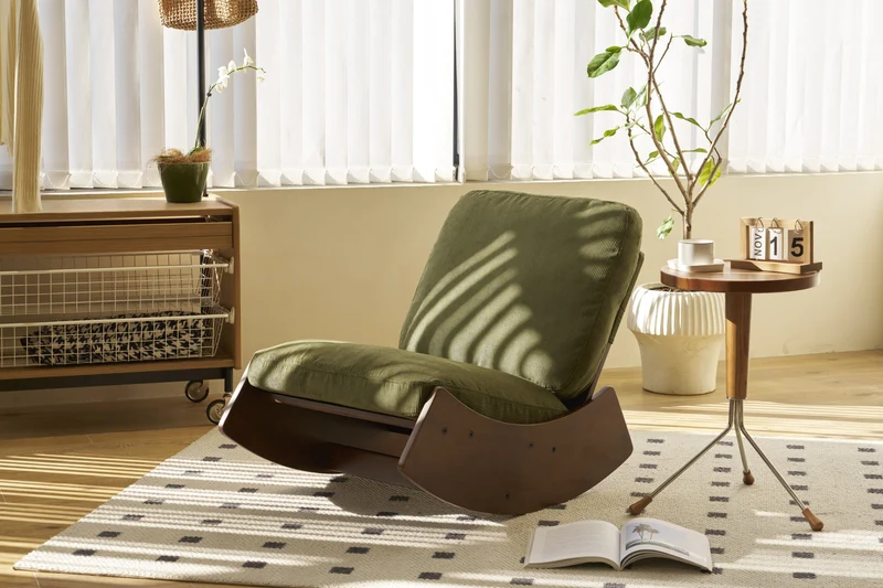 Fauteuil à bascule rétro en tissu vert, cadre en bois massif, nursery 90x61,5x71,9cm FLARENEX