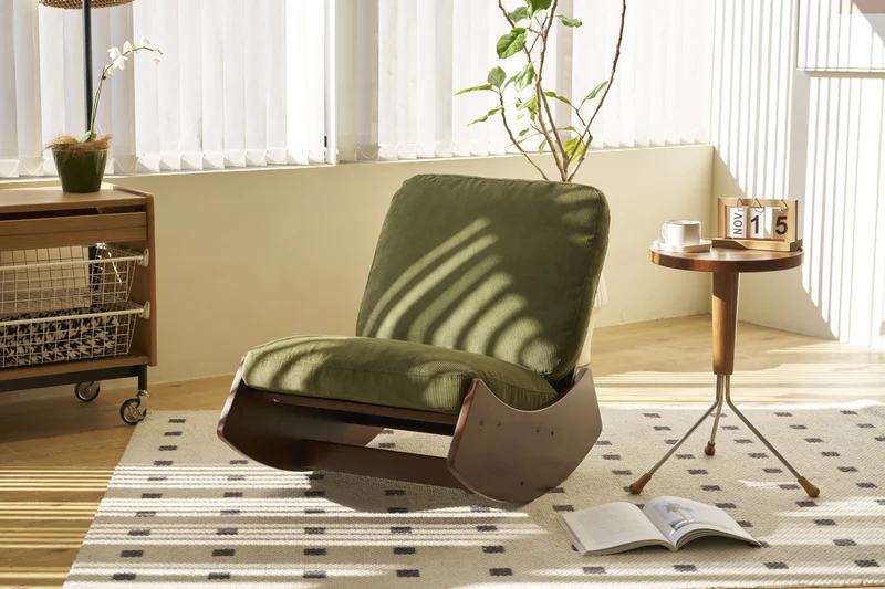 Fauteuil à bascule rétro en tissu vert, cadre en bois massif, nursery 90x61,5x71,9cm FLARENEX