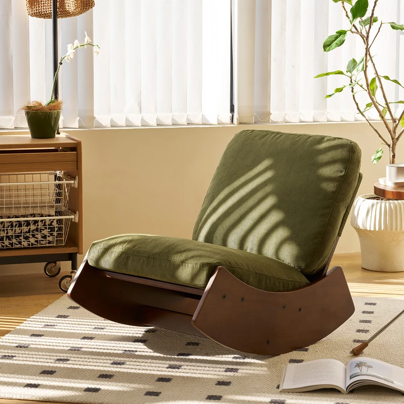 Fauteuil à bascule rétro en tissu vert, cadre en bois massif, nursery 90x61,5x71,9cm FLARENEX