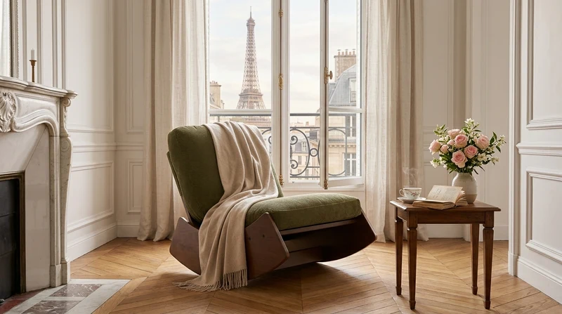 Fauteuil à bascule rétro en tissu vert, cadre en bois massif, nursery 90x61,5x71,9cm FLARENEX