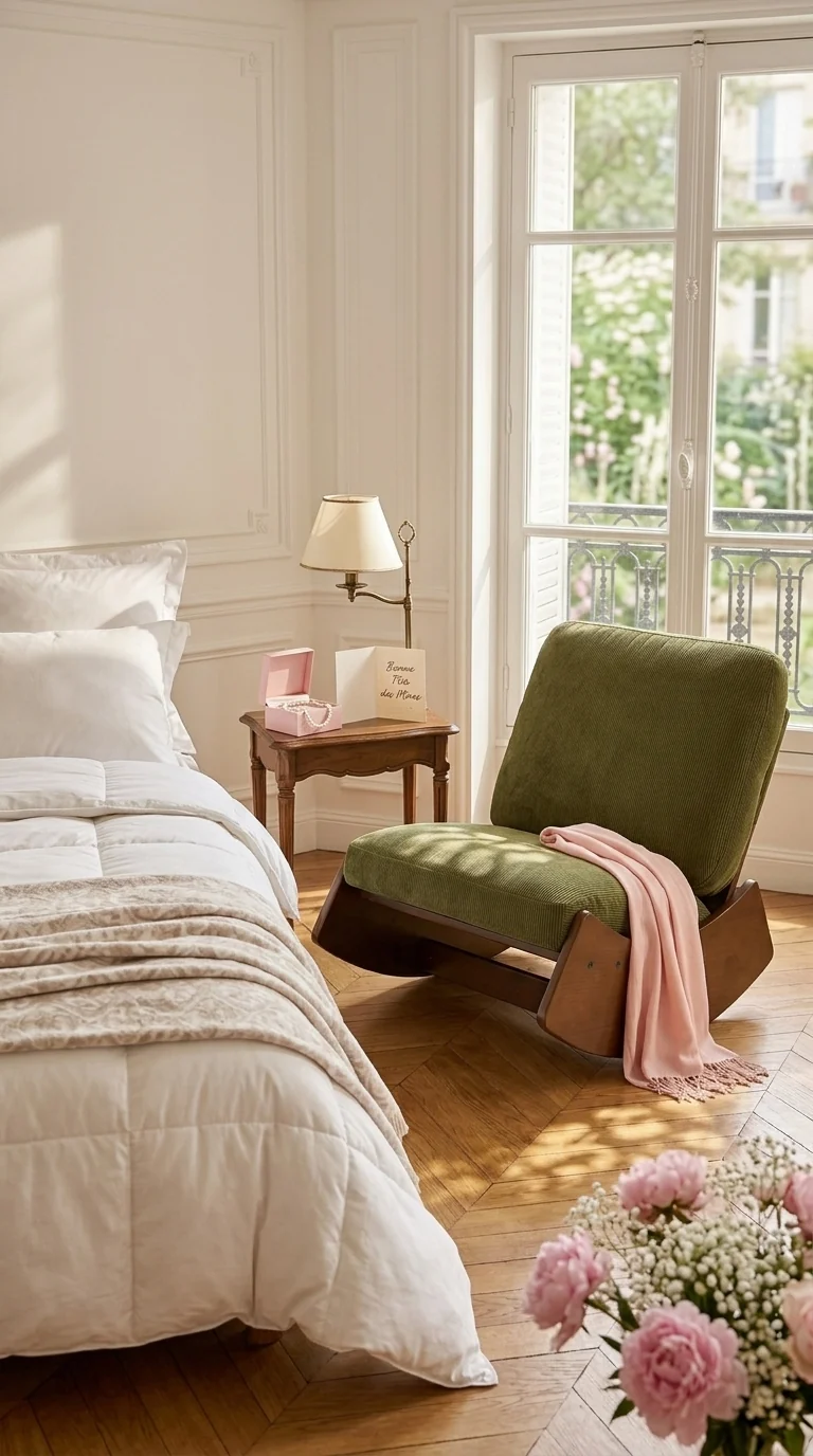 Fauteuil à bascule rétro en tissu vert, cadre en bois massif, nursery 90x61,5x71,9cm FLARENEX