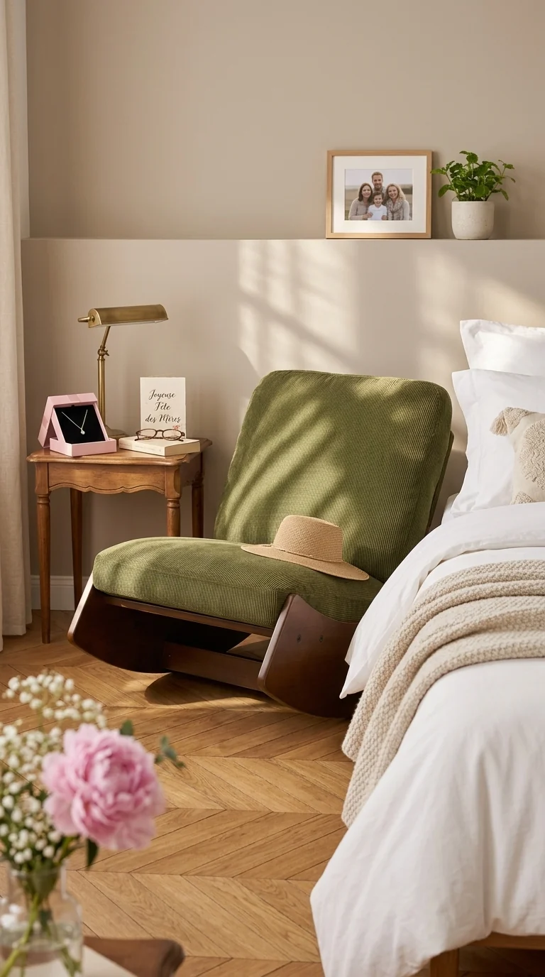 Fauteuil à bascule rétro en tissu vert, cadre en bois massif, nursery 90x61,5x71,9cm FLARENEX