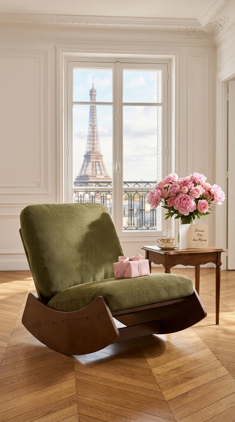 Fauteuil à bascule rétro en tissu vert, cadre en bois massif, nursery 90x61,5x71,9cm FLARENEX