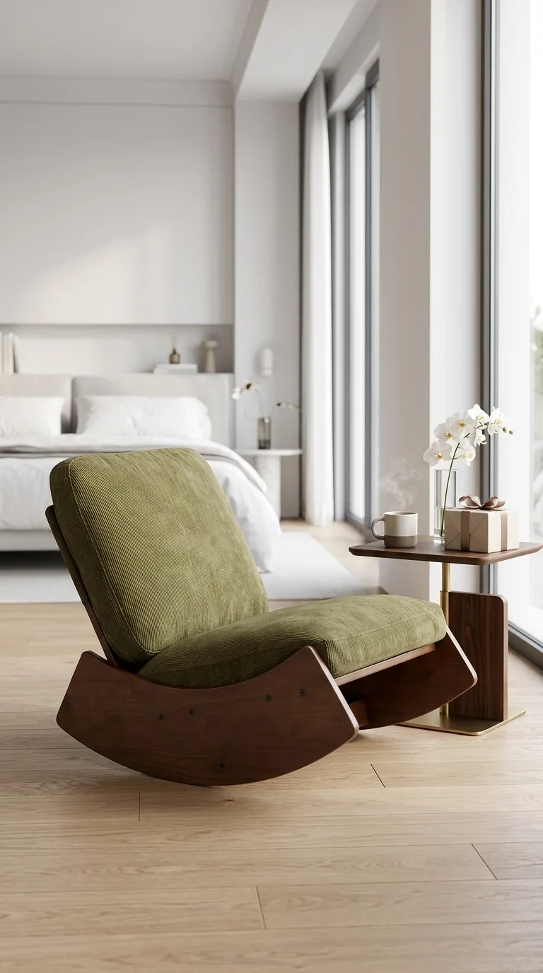 Fauteuil à bascule rétro en tissu vert, cadre en bois massif, nursery 90x61,5x71,9cm FLARENEX