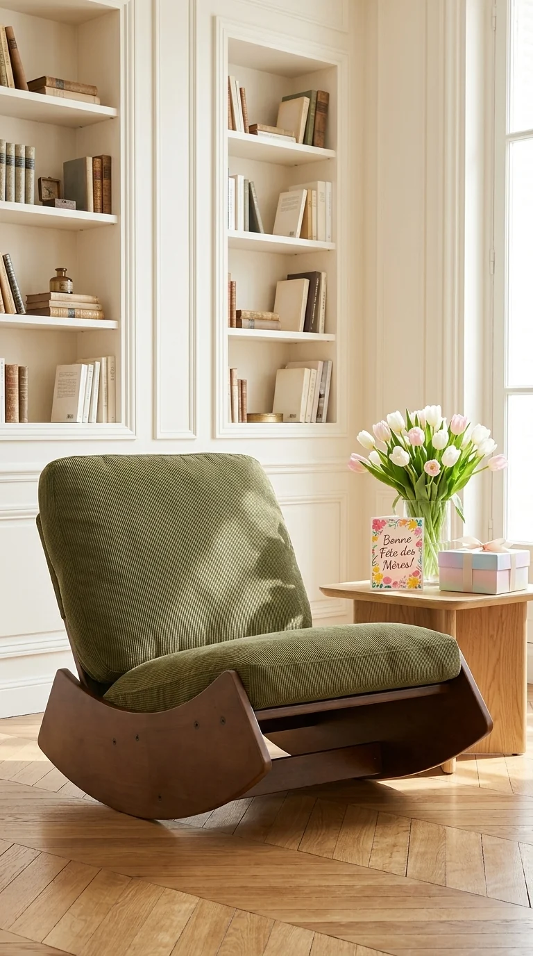 Fauteuil à bascule rétro en tissu vert, cadre en bois massif, nursery 90x61,5x71,9cm FLARENEX