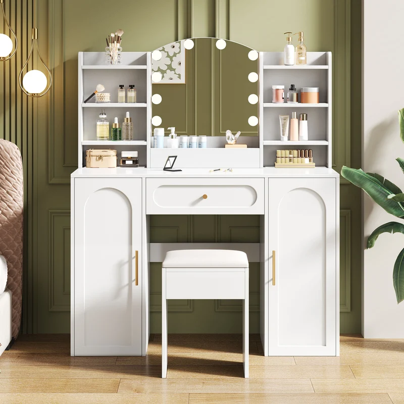 Coiffeuse grande taille blanc avec miroir LED réglable, tabouret, 1 tiroir et 2 portes 110x40x132cm MOMENTUMCLARITY