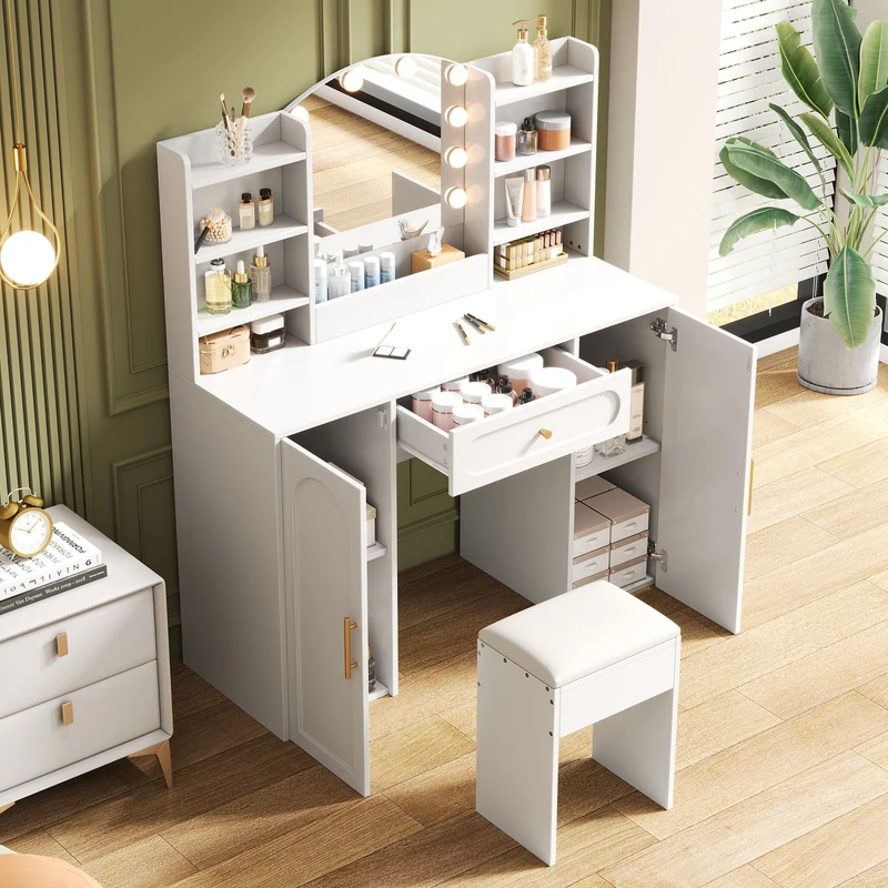 Coiffeuse grande taille blanc avec miroir LED réglable, tabouret, 1 tiroir et 2 portes 110x40x132cm MOMENTUMCLARITY