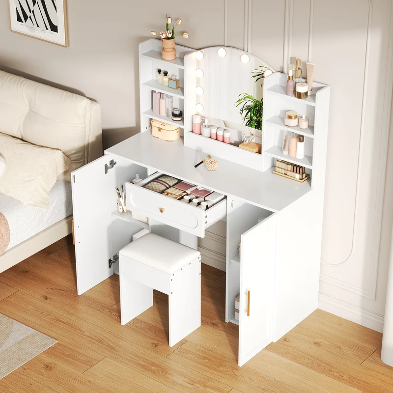 Coiffeuse grande taille blanc avec miroir LED réglable, tabouret, 1 tiroir et 2 portes 110x40x132cm MOMENTUMCLARITY