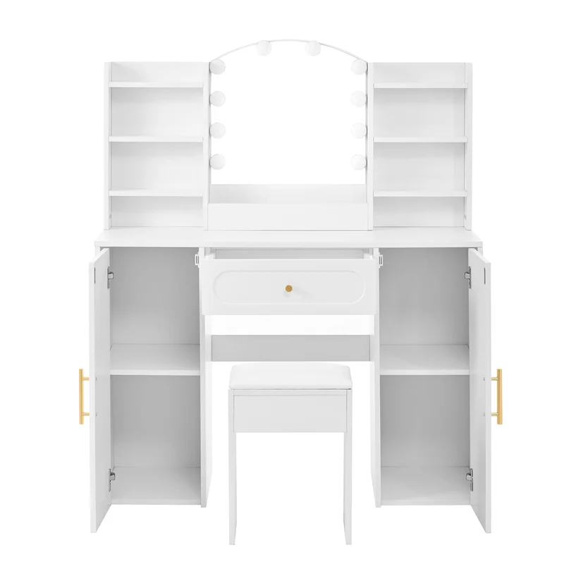 Coiffeuse grande taille blanc avec miroir LED réglable, tabouret, 1 tiroir et 2 portes 110x40x132cm MOMENTUMCLARITY
