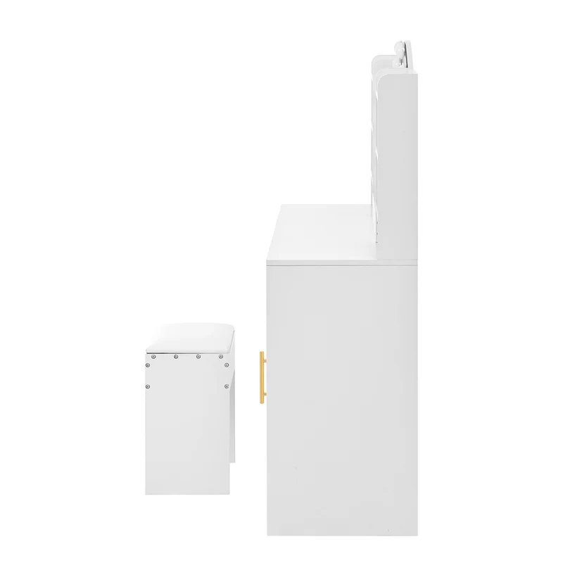 Coiffeuse grande taille blanc avec miroir LED réglable, tabouret, 1 tiroir et 2 portes 110x40x132cm MOMENTUMCLARITY