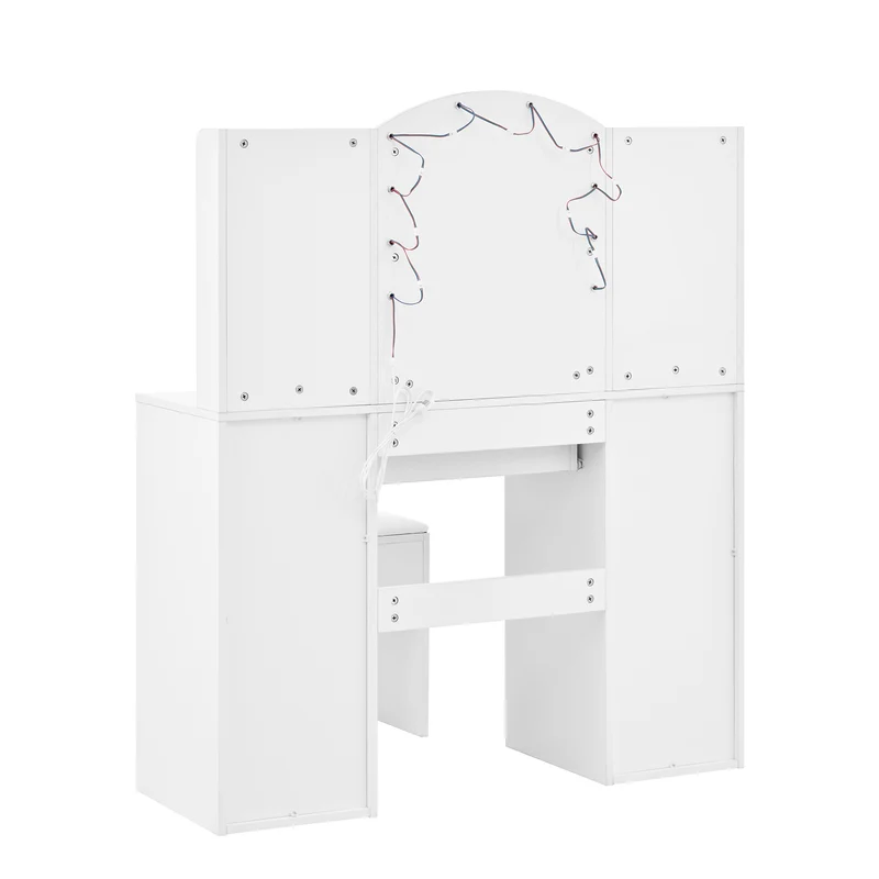 Coiffeuse grande taille blanc avec miroir LED réglable, tabouret, 1 tiroir et 2 portes 110x40x132cm MOMENTUMCLARITY