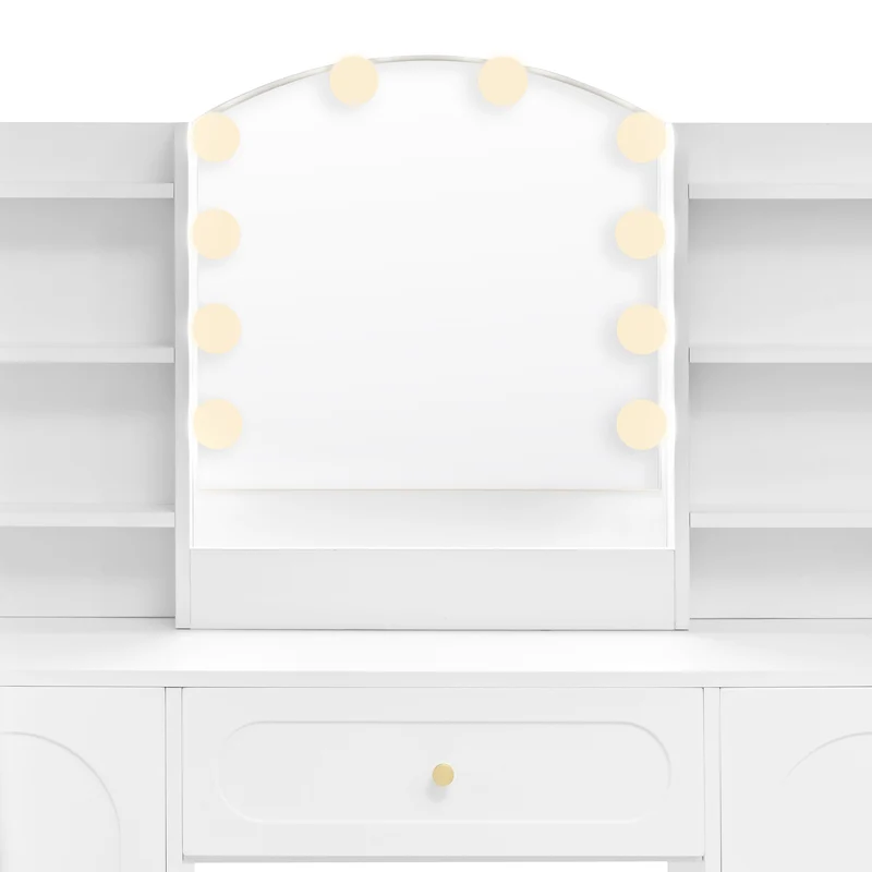 Coiffeuse grande taille blanc avec miroir LED réglable, tabouret, 1 tiroir et 2 portes 110x40x132cm MOMENTUMCLARITY