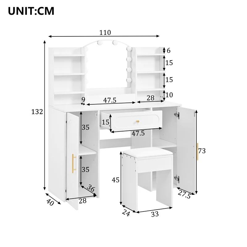 Coiffeuse grande taille blanc avec miroir LED réglable, tabouret, 1 tiroir et 2 portes 110x40x132cm MOMENTUMCLARITY