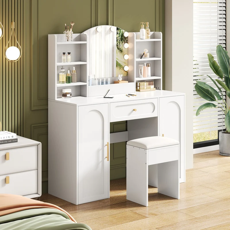 Coiffeuse grande taille blanc avec miroir LED réglable, tabouret, 1 tiroir et 2 portes 110x40x132cm MOMENTUMCLARITY