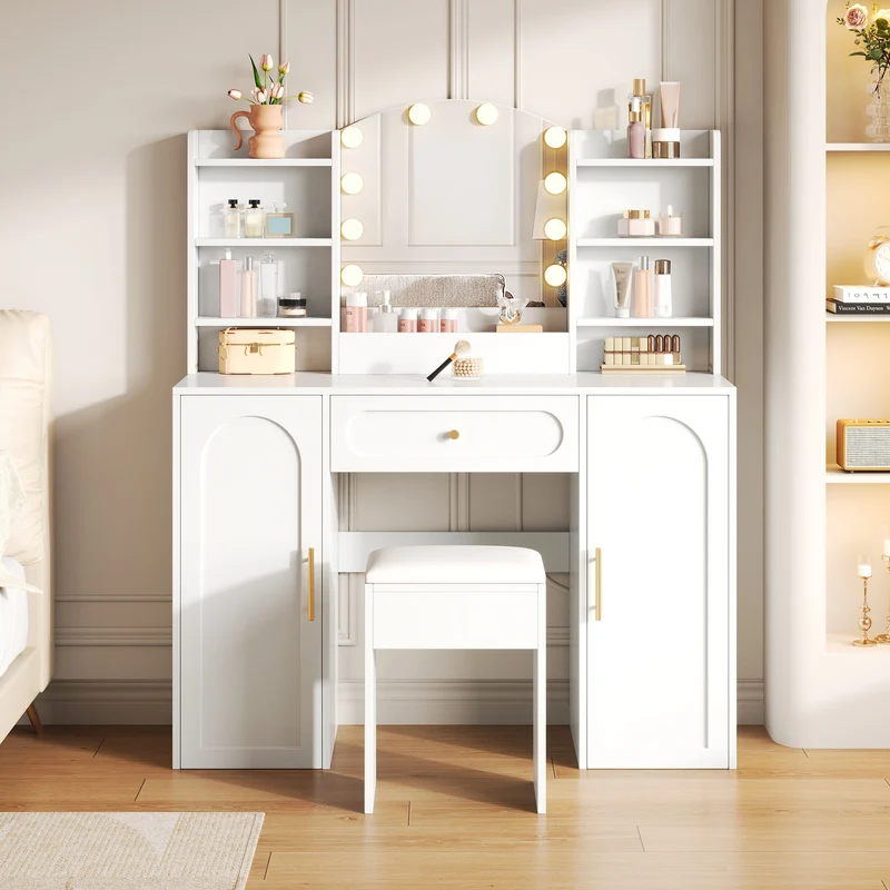 Coiffeuse grande taille blanc avec miroir LED réglable, tabouret, 1 tiroir et 2 portes 110x40x132cm MOMENTUMCLARITY