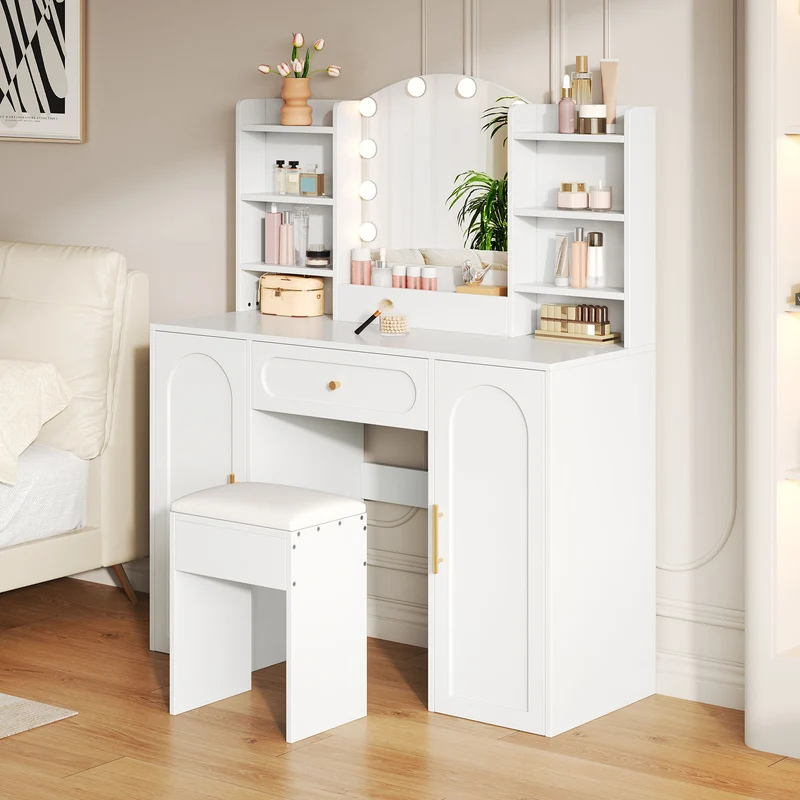Coiffeuse grande taille blanc avec miroir LED réglable, tabouret, 1 tiroir et 2 portes 110x40x132cm MOMENTUMCLARITY