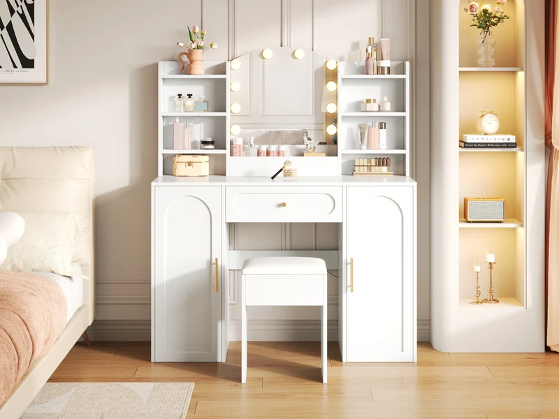 Coiffeuse grande taille blanc avec miroir LED réglable, tabouret, 1 tiroir et 2 portes 110x40x132cm MOMENTUMCLARITY