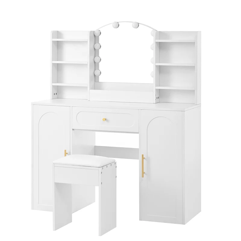 Coiffeuse grande taille blanc avec miroir LED réglable, tabouret, 1 tiroir et 2 portes 110x40x132cm MOMENTUMCLARITY