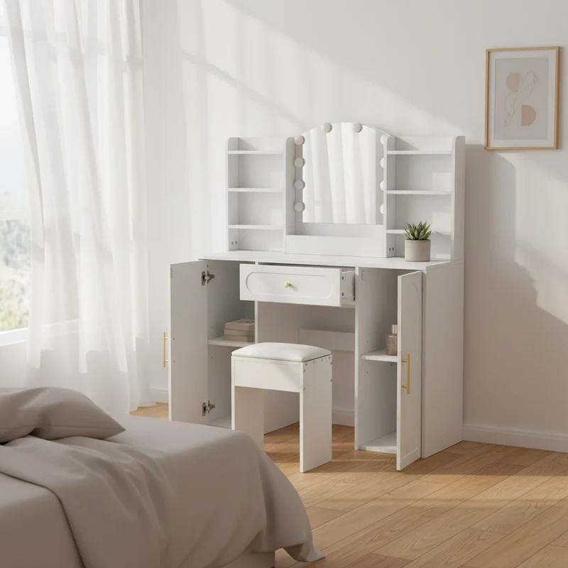 Coiffeuse grande taille blanc avec miroir LED réglable, tabouret, 1 tiroir et 2 portes 110x40x132cm MOMENTUMCLARITY