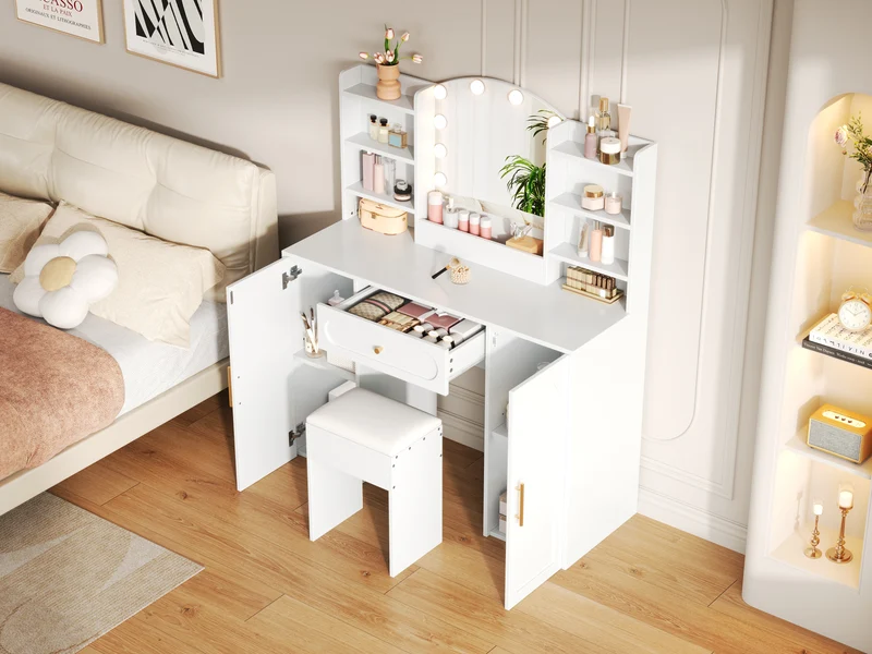 Coiffeuse grande taille blanc avec miroir LED réglable, tabouret, 1 tiroir et 2 portes 110x40x132cm MOMENTUMCLARITY