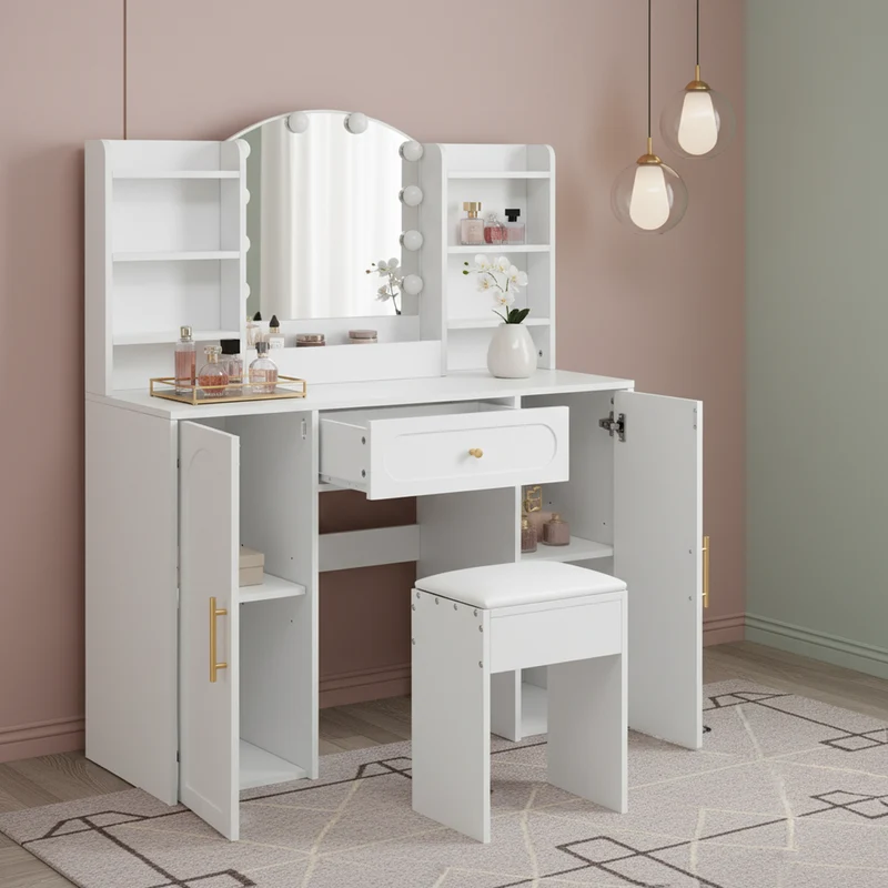 Coiffeuse grande taille blanc avec miroir LED réglable, tabouret, 1 tiroir et 2 portes 110x40x132cm MOMENTUMCLARITY