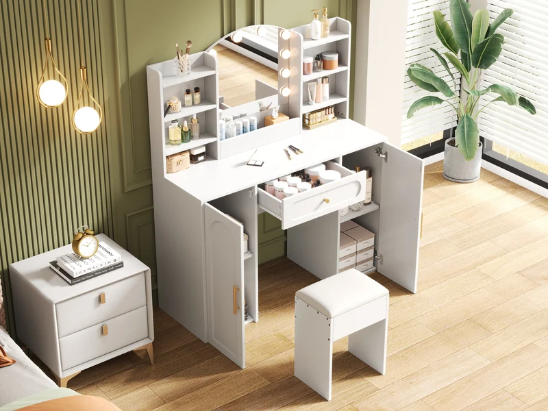 Coiffeuse grande taille blanc avec miroir LED réglable, tabouret, 1 tiroir et 2 portes 110x40x132cm MOMENTUMCLARITY