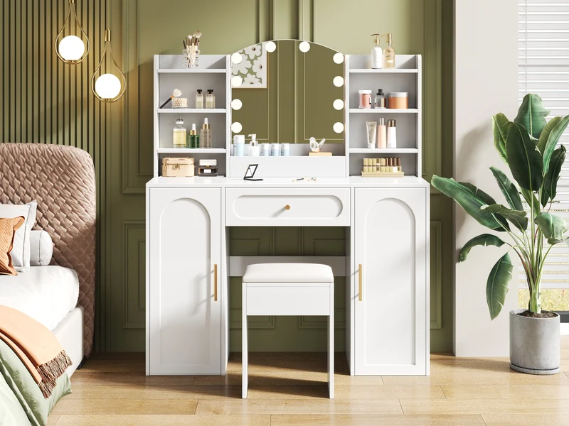 Coiffeuse grande taille blanc avec miroir LED réglable, tabouret, 1 tiroir et 2 portes 110x40x132cm MOMENTUMCLARITY