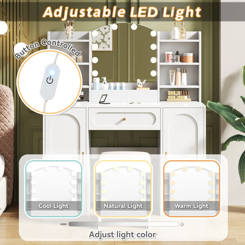 Coiffeuse grande taille blanc avec miroir LED réglable, tabouret, 1 tiroir et 2 portes 110x40x132cm MOMENTUMCLARITY