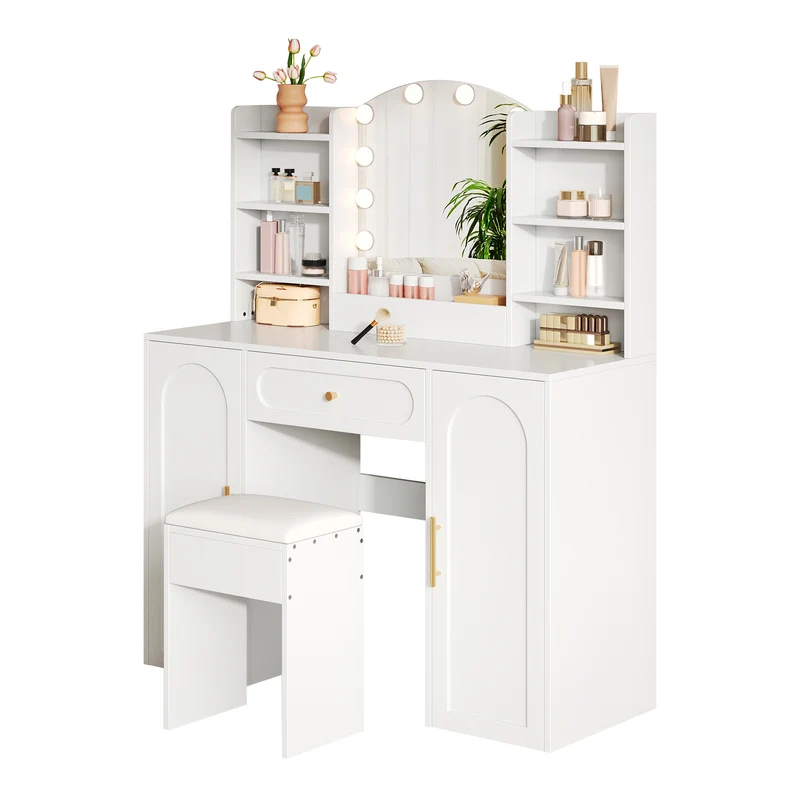 Coiffeuse grande taille blanc avec miroir LED réglable, tabouret, 1 tiroir et 2 portes 110x40x132cm MOMENTUMCLARITY