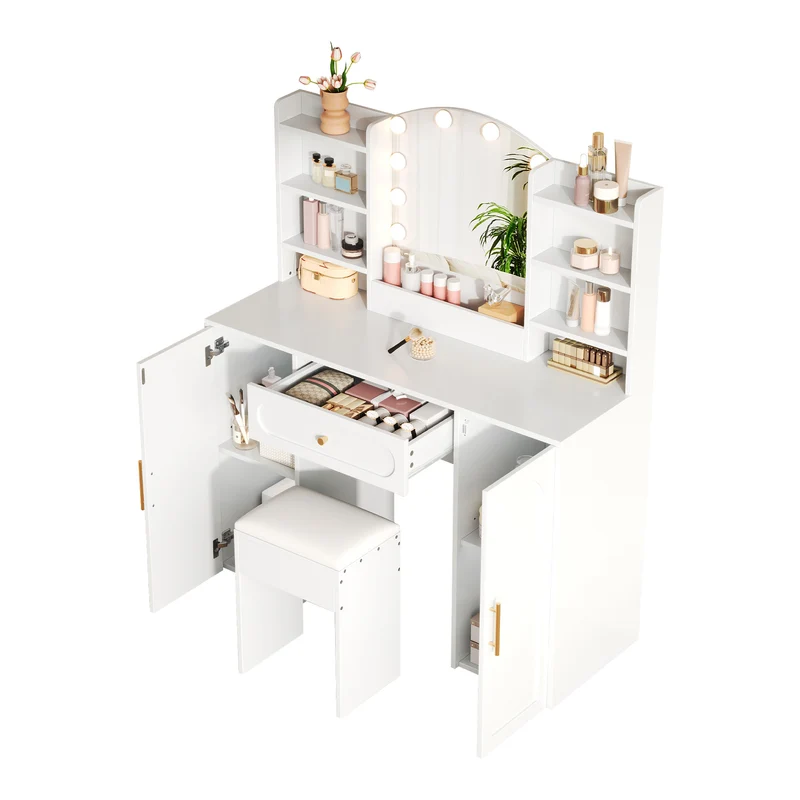 Coiffeuse grande taille blanc avec miroir LED réglable, tabouret, 1 tiroir et 2 portes 110x40x132cm MOMENTUMCLARITY