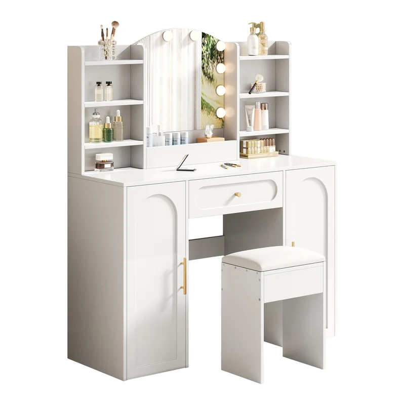 Coiffeuse grande taille blanc avec miroir LED réglable, tabouret, 1 tiroir et 2 portes 110x40x132cm MOMENTUMCLARITY