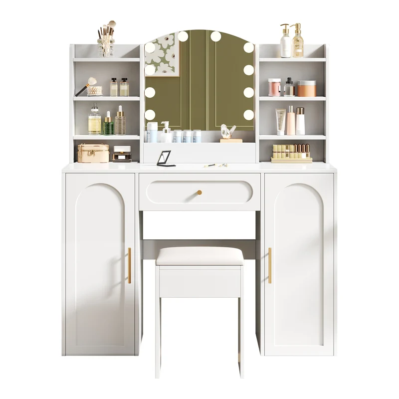 Coiffeuse grande taille blanc avec miroir LED réglable, tabouret, 1 tiroir et 2 portes 110x40x132cm MOMENTUMCLARITY