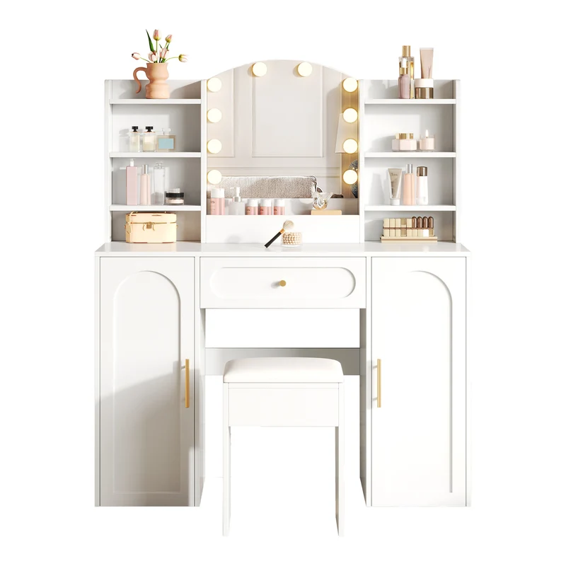 Coiffeuse grande taille blanc avec miroir LED réglable, tabouret, 1 tiroir et 2 portes 110x40x132cm MOMENTUMCLARITY