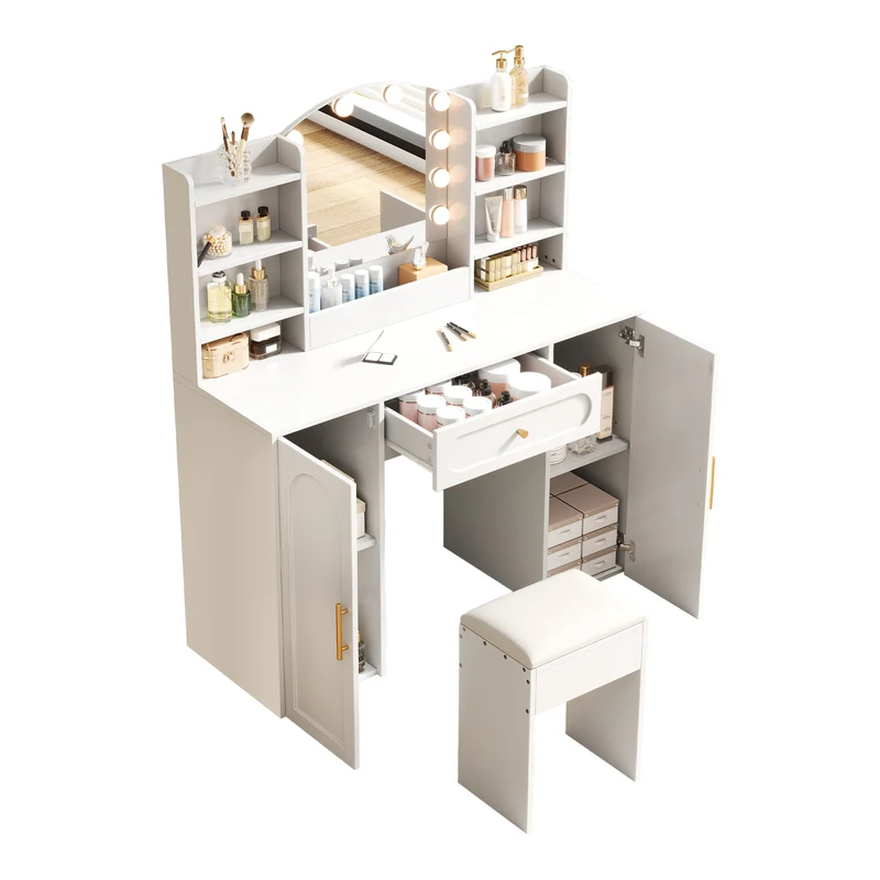Coiffeuse grande taille blanc avec miroir LED réglable, tabouret, 1 tiroir et 2 portes 110x40x132cm MOMENTUMCLARITY