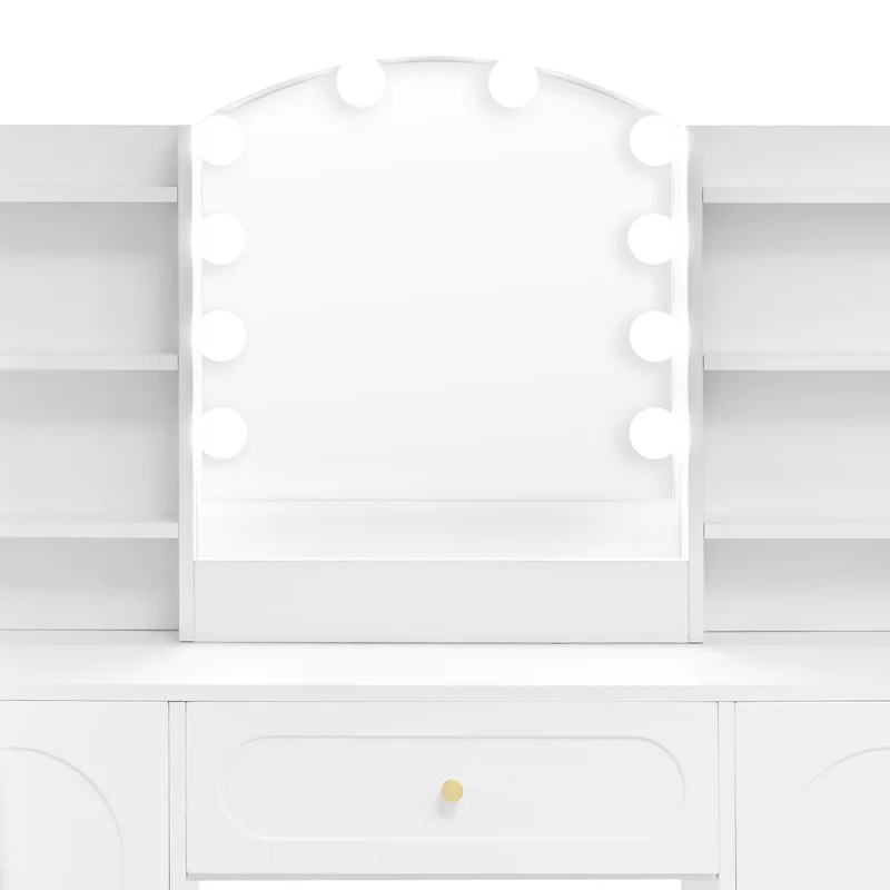 Coiffeuse grande taille blanc avec miroir LED réglable, tabouret, 1 tiroir et 2 portes 110x40x132cm MOMENTUMCLARITY