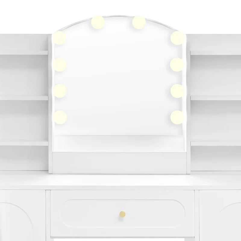 Coiffeuse grande taille blanc avec miroir LED réglable, tabouret, 1 tiroir et 2 portes 110x40x132cm MOMENTUMCLARITY